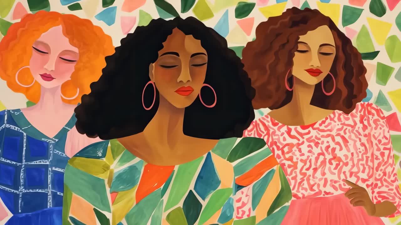 Ilustração colorida de três mulheres com os olhos fechados, exibindo penteados diversos