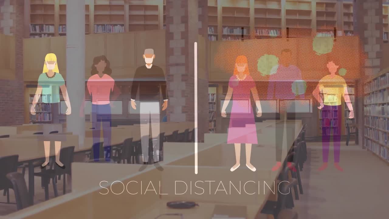도서관 방에서 사회적 거리를 유지하는 사람 아이콘의 애니메이션
