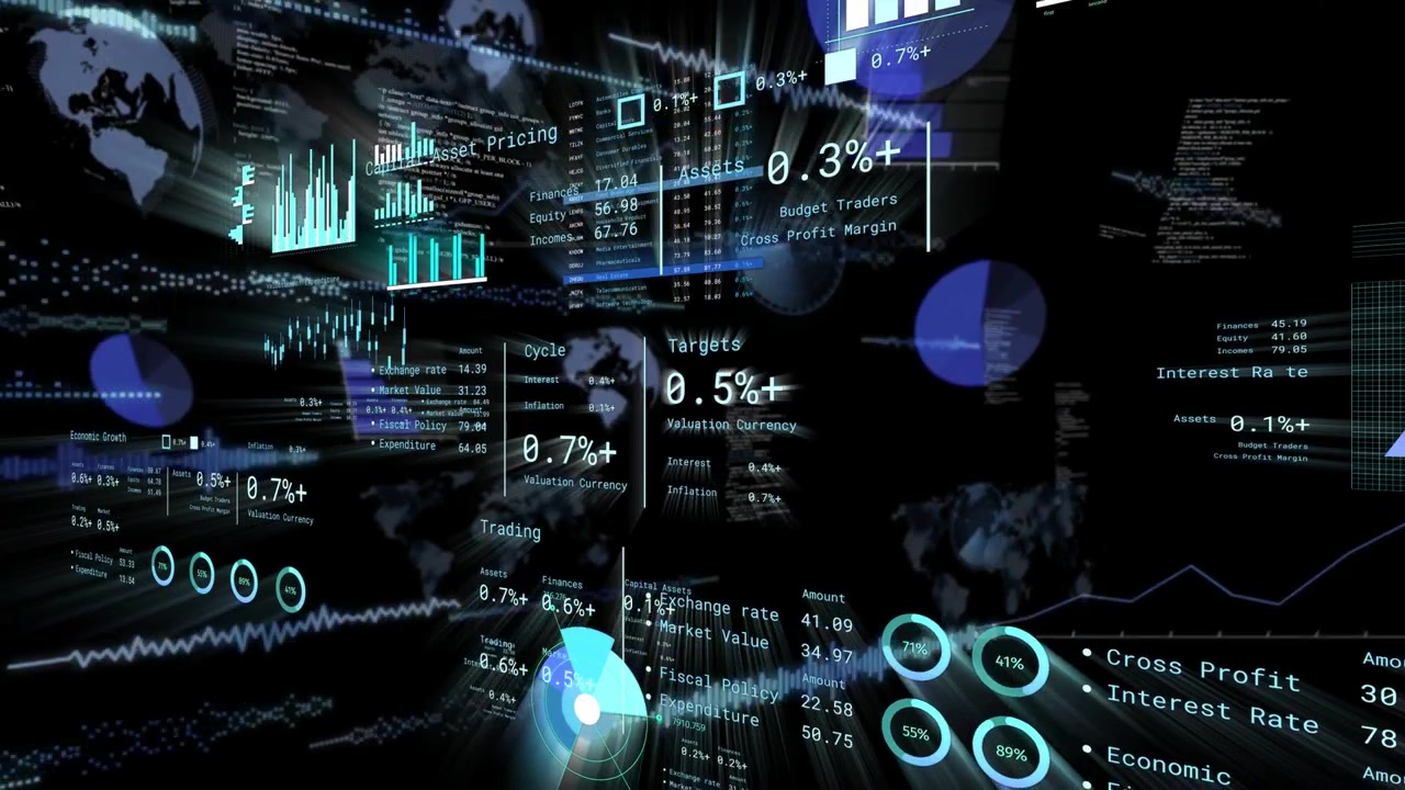 Camera gliding forward, dashboards shifting and updating charts and gauges, visualizing market data