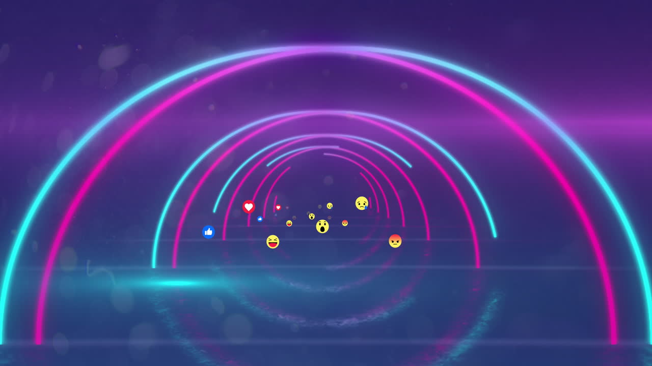 여러 얼굴 이모티콘이 파란색 배경의 반 ⁇ 이는 터널에 대해 움직이고 있습니다.