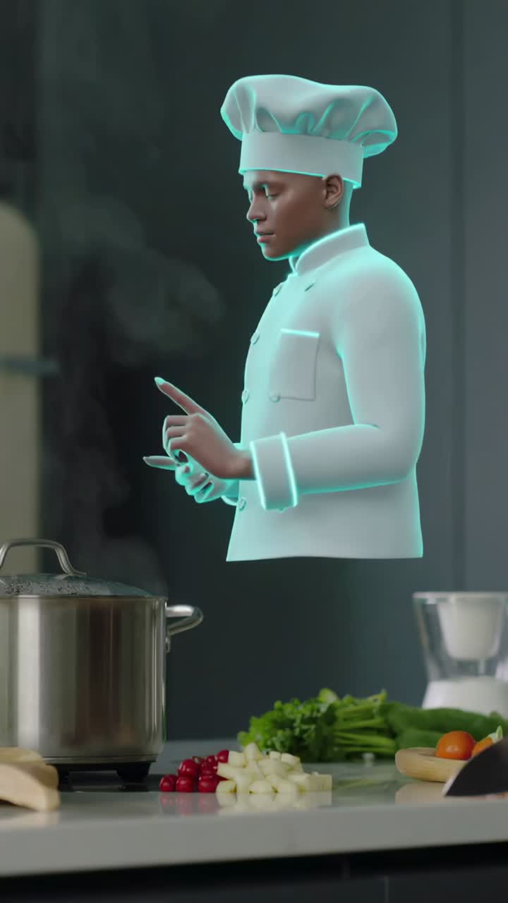 Vertical video: Appearing hologram chef in white coat stirring steaming pot at stove, showing dish