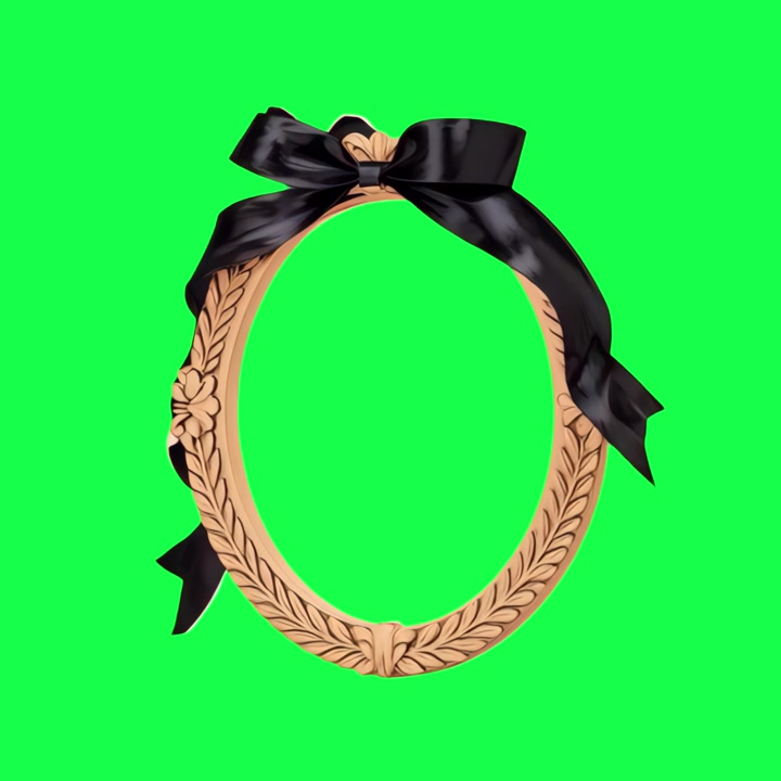 Rotating Oval Gold Picture Frame with Black Ribbon on Green Screen