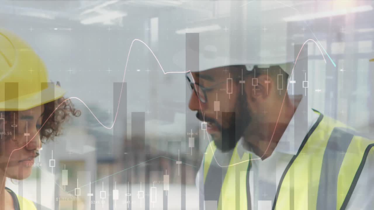Animation of statistics processing over male and female architects talking at construction site
