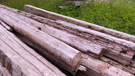 A-stack-of-folded-dry-chopped-wood-logs-in-the-field---panning-closeup