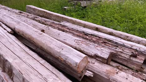 A stack of folded dry chopped wood logs in the field - panning closeup