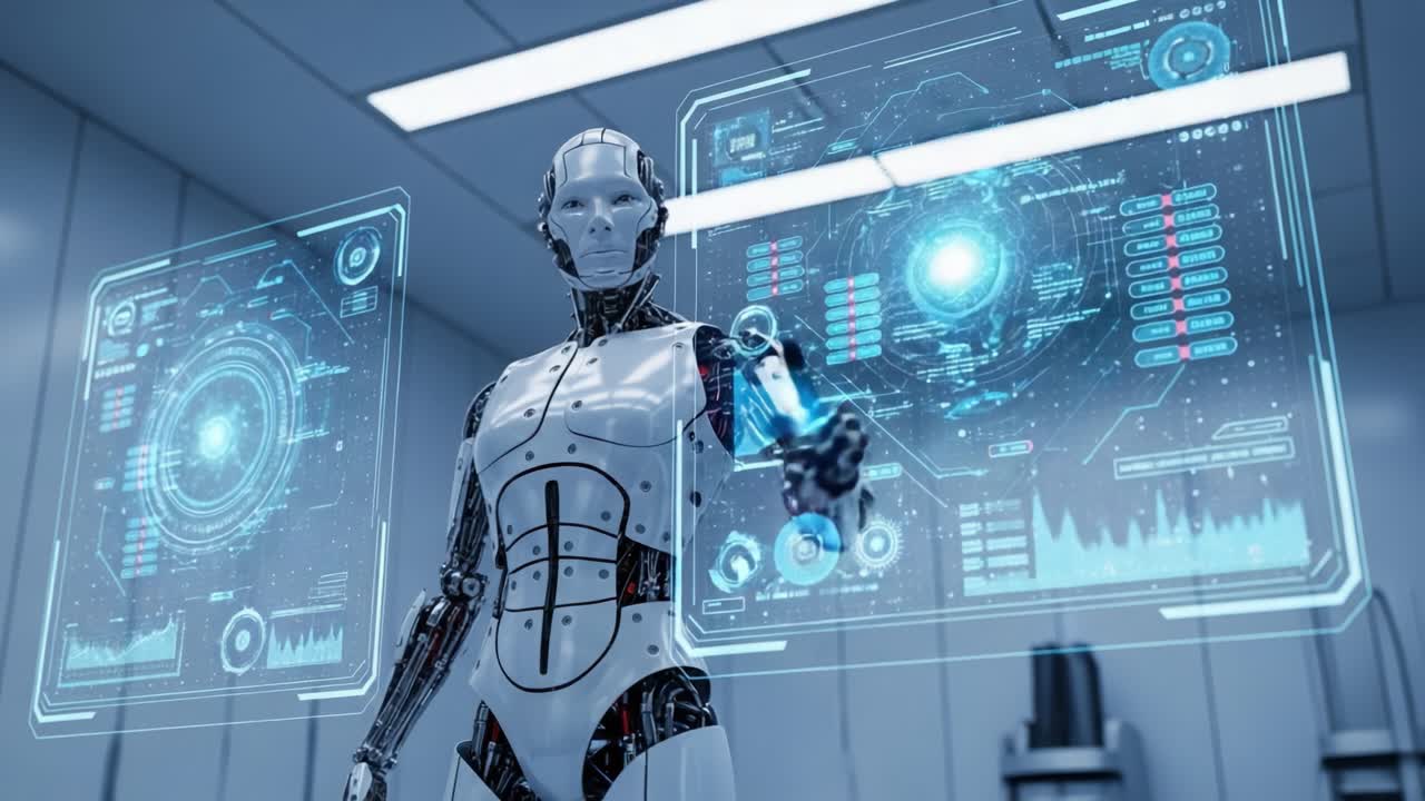 Futuristic Android in a High-Tech Environment Interacting with Holographic Displays, Showcasing Advanced Technology and Robotics in a Modern Setting