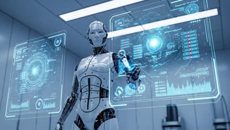 futuristic android in a high-tech environment interacting with holographic displays, showcasing advanced technology and robotics in a modern setting