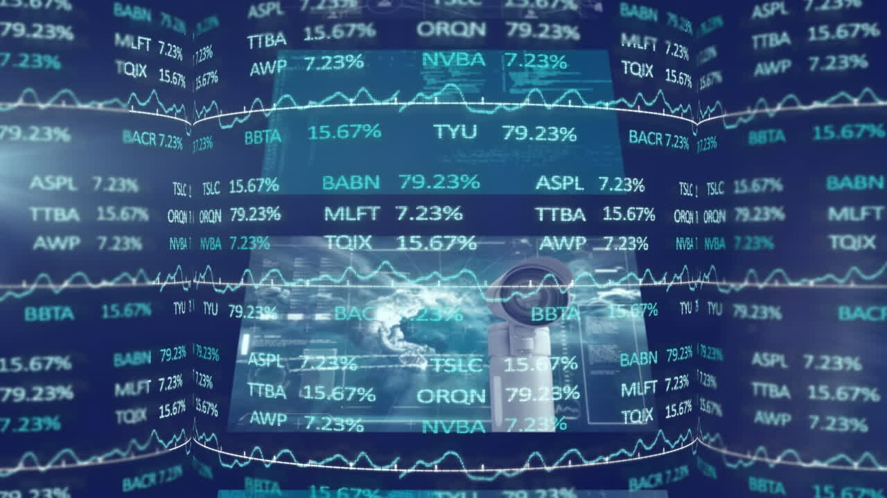 파란색 배경의 여러 화면에 빛이 가득한 증권 시장 데이터 처리의 애니메이션.