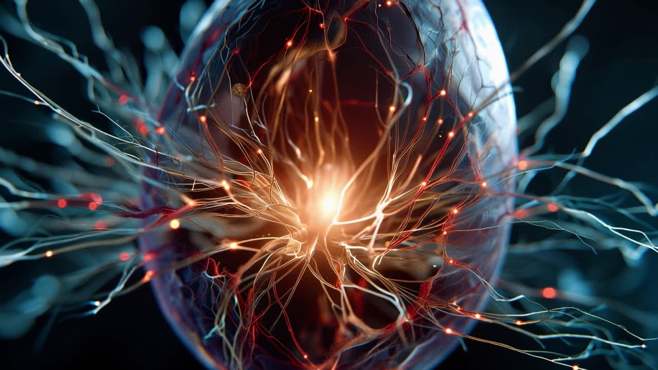 Glowing egg pulses with internal energy. Electric tendrils surge from its core. Faint sparks radiate against dark background. Abstract science concept visual