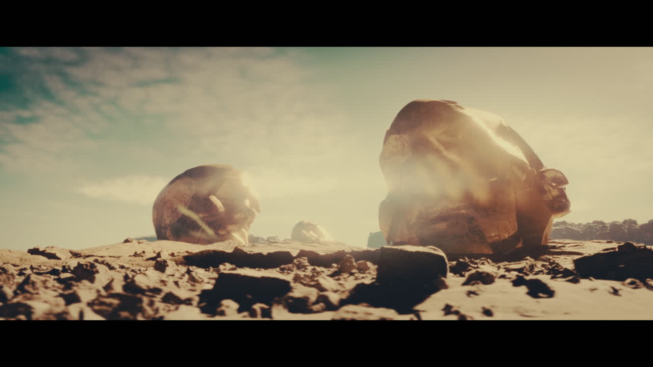 Huge golden statues in the desert during sunset