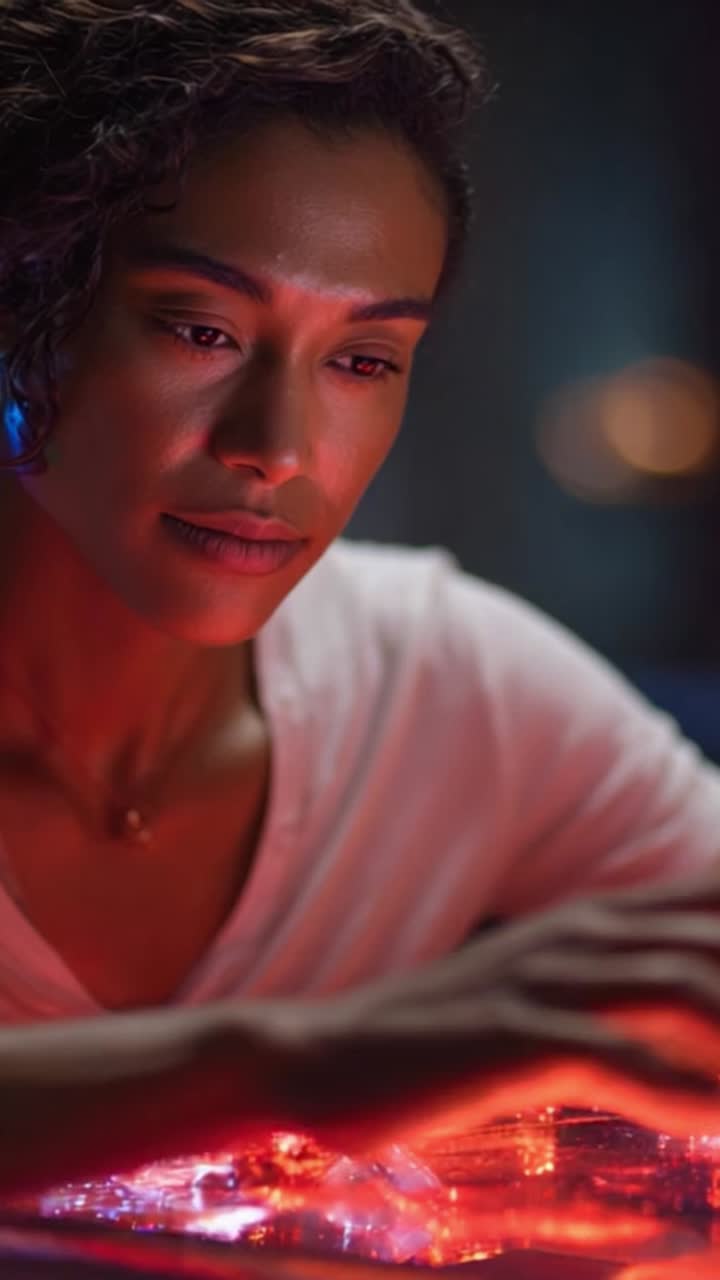 Una donna concentrata interagisce con una futuristica tecnologia olografica, esplorando architettura e design digitali, il tutto illuminato da un affascinante bagliore rosso e blu