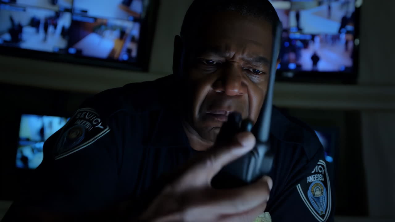 Security guard working in a control room with surveillance monitors and a walkie-talkie