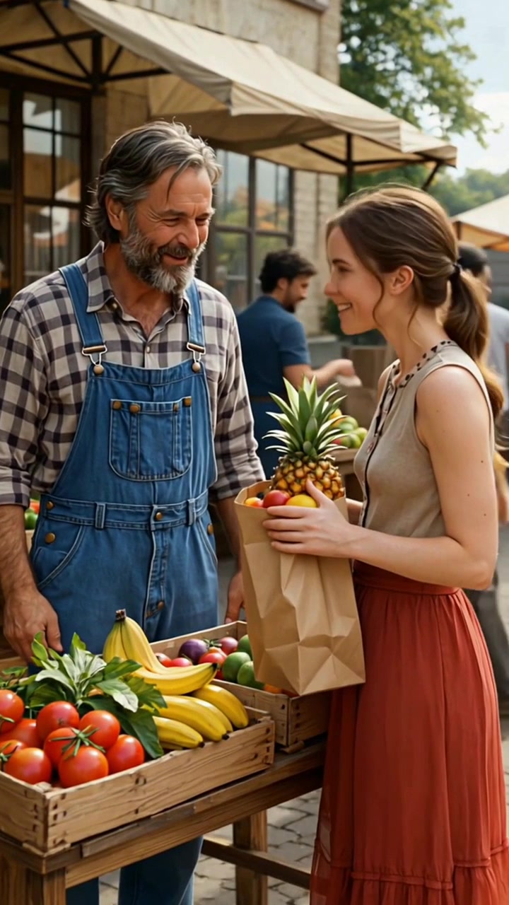 Agricultor vendiendo frutas frescas orgánicas en el puesto del mercado local