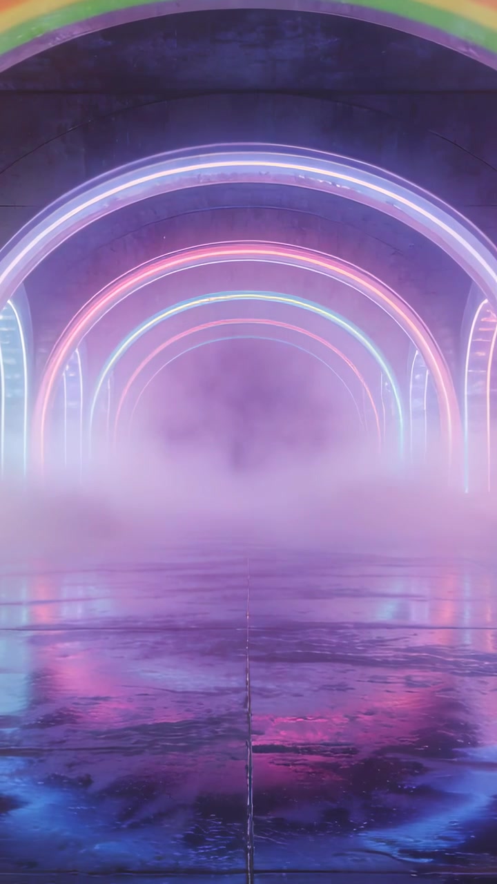 Vertical video: Glowing neon arches in hall forming fog on start, shifting rainbow, showing floor