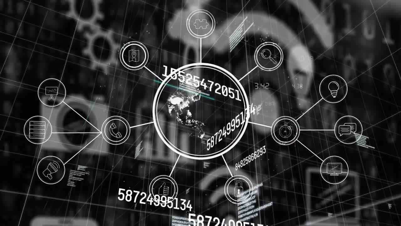 검은색 배경에 과학 데이터 처리에 대한 연결 웹과 아이콘의 애니메이션