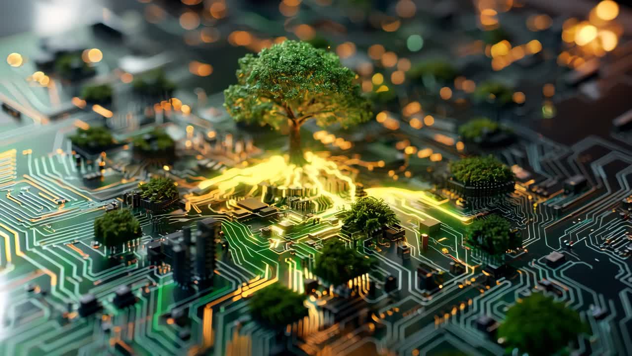 A tree is growing on a computer chip. The tree is surrounded by a lot of electronic components