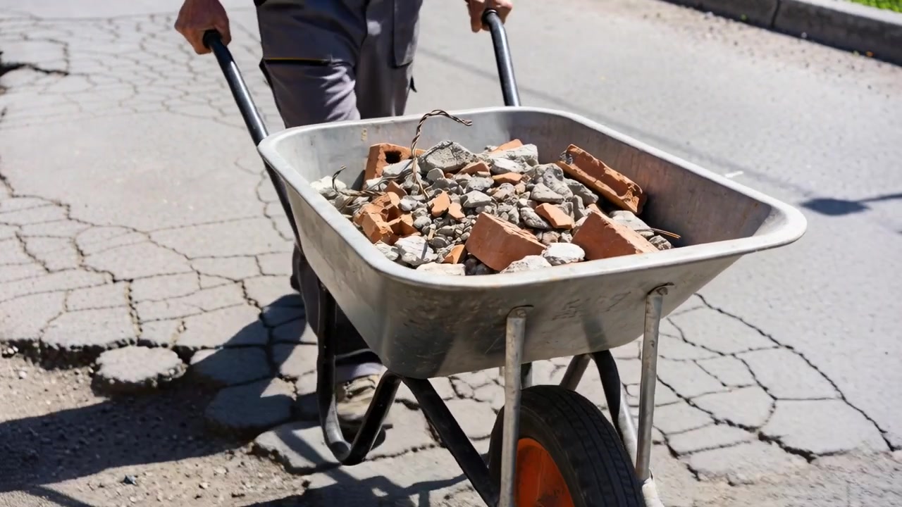 Uomo con pantaloni grigi e stivali che, afferrando le maniglie, spinge una carriola su un cordolo stradale crepato, rimuovendo detriti.