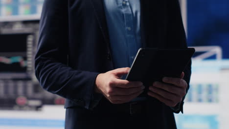 professional businessman analyzing info and finance charts on digital dashboard