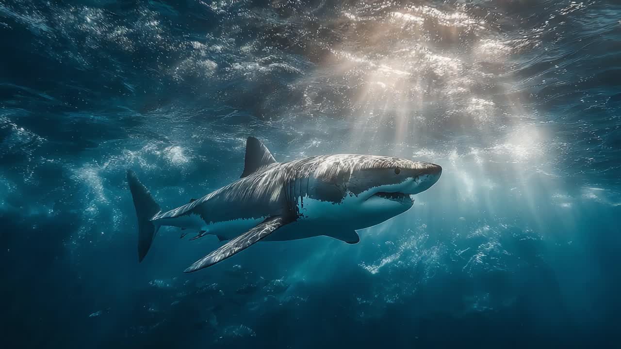A Majestic Great White Shark Swimming Gracefully Through Crystal Clear Ocean Waters, Captured in Stunning Light, Showcasing Its Natural Beauty and Power in the Marine Environment