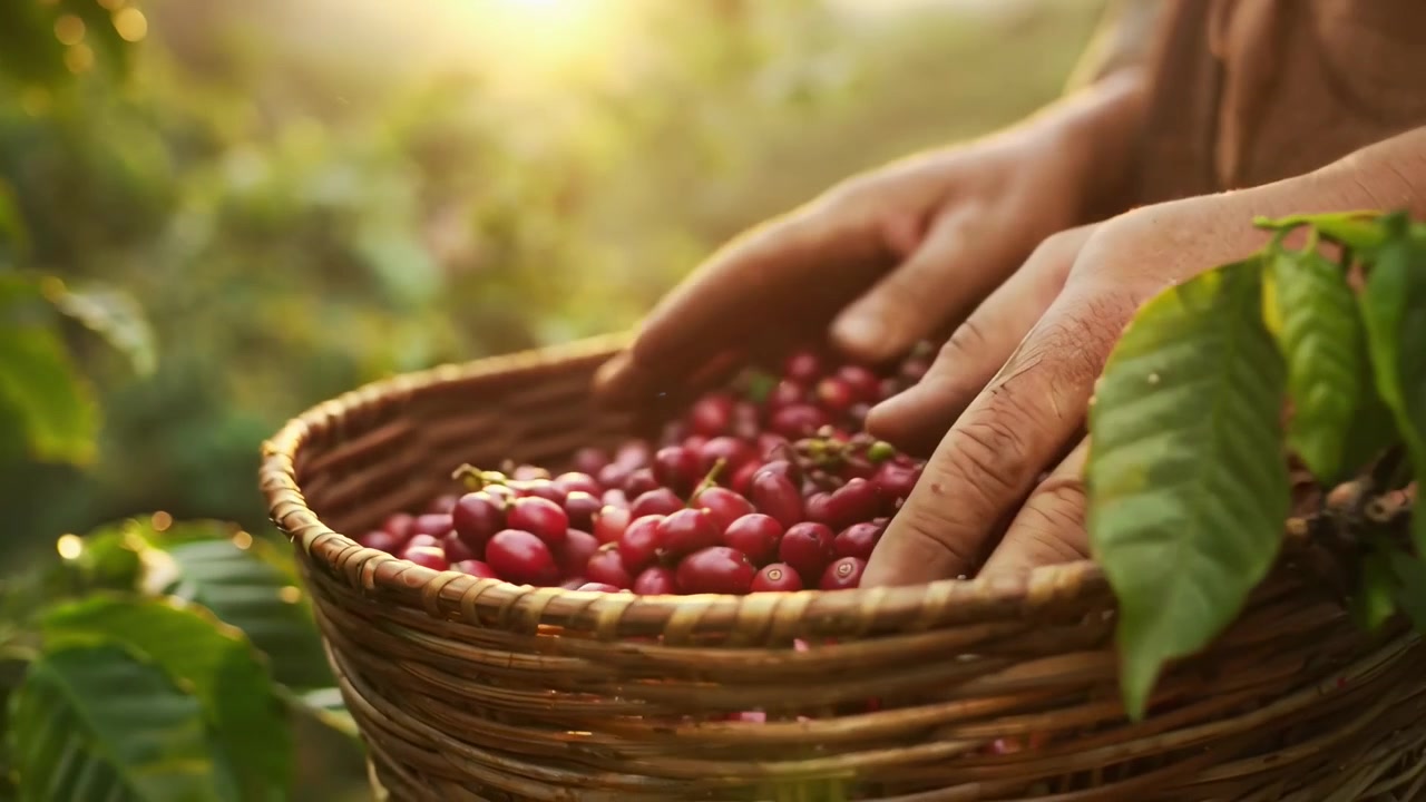 Contadino che raccoglie ciliegie di caffè mature all'alba