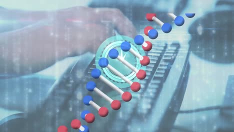 animación de reloj, cadena de adn y persona que usa el teclado de la computadora