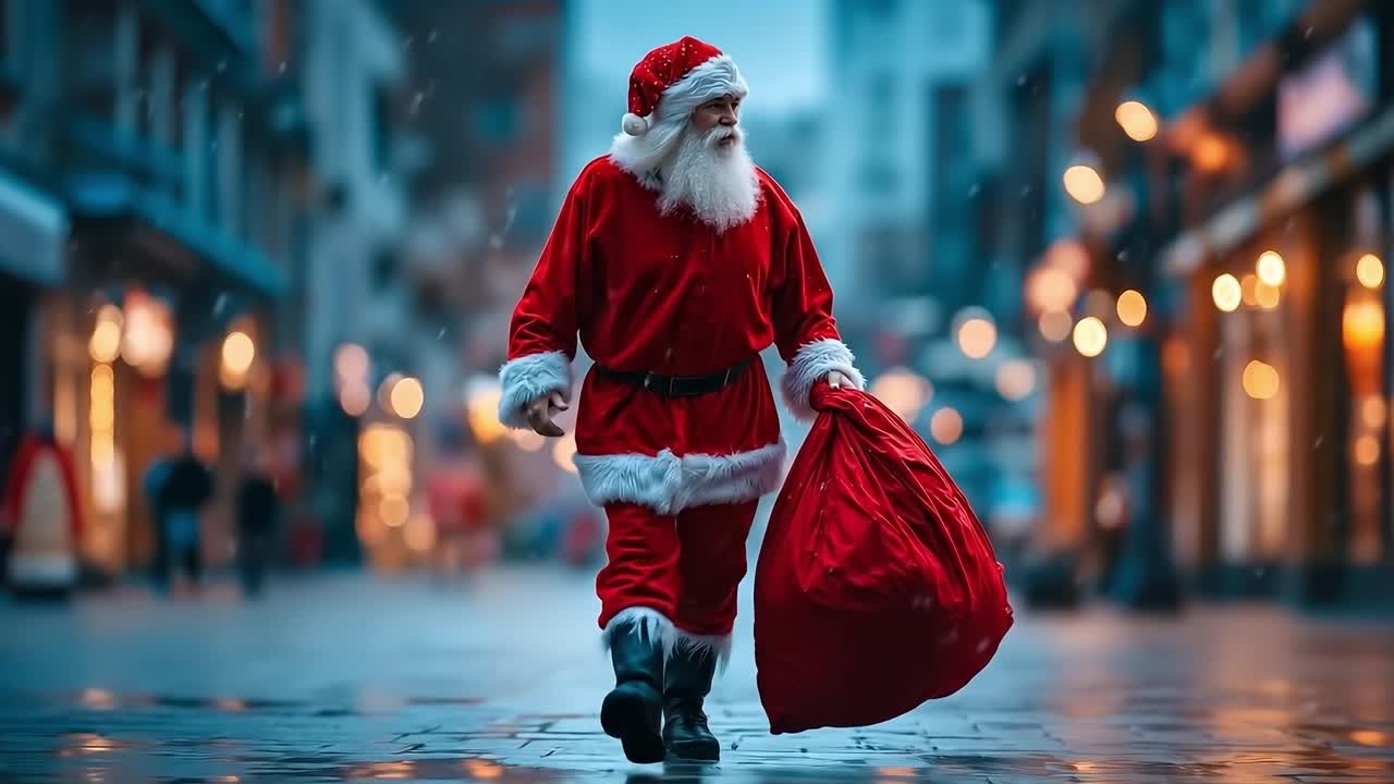 A man dressed as Santa Claus walking down a city street carrying a red bag