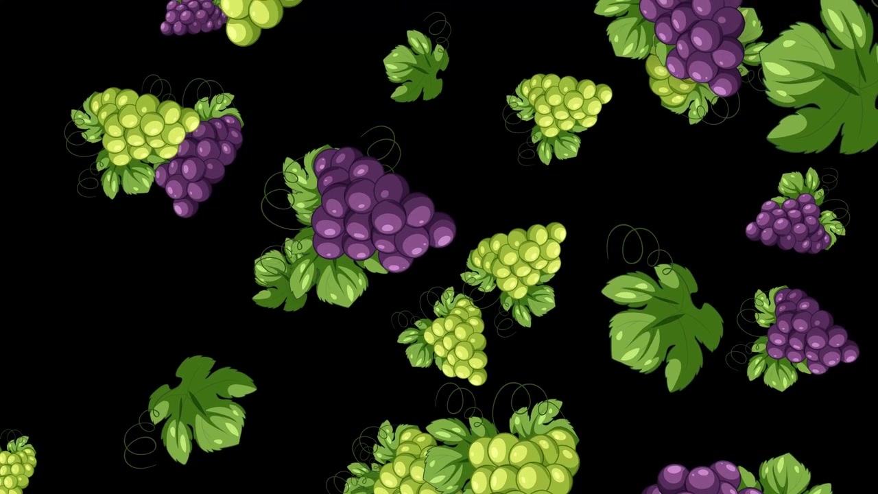 Grappoli d'uva stilizzati verdi e viola con foglie che cadono verticalmente su uno sfondo nero