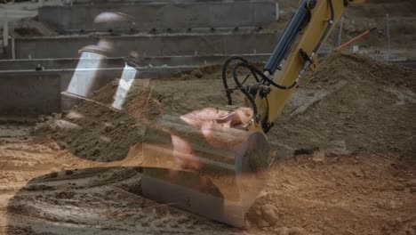 digital animation of excavator digging soil at construction site 4k