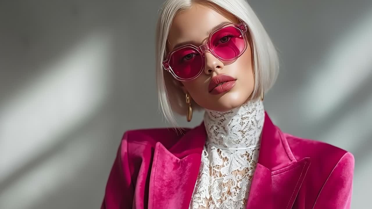 A woman in a pink suit and sunglasses posing for a picture