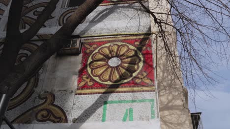 tashkent mosaic on residential buildings in tashkent, uzbekistan. soviet architecture of residential buildings.