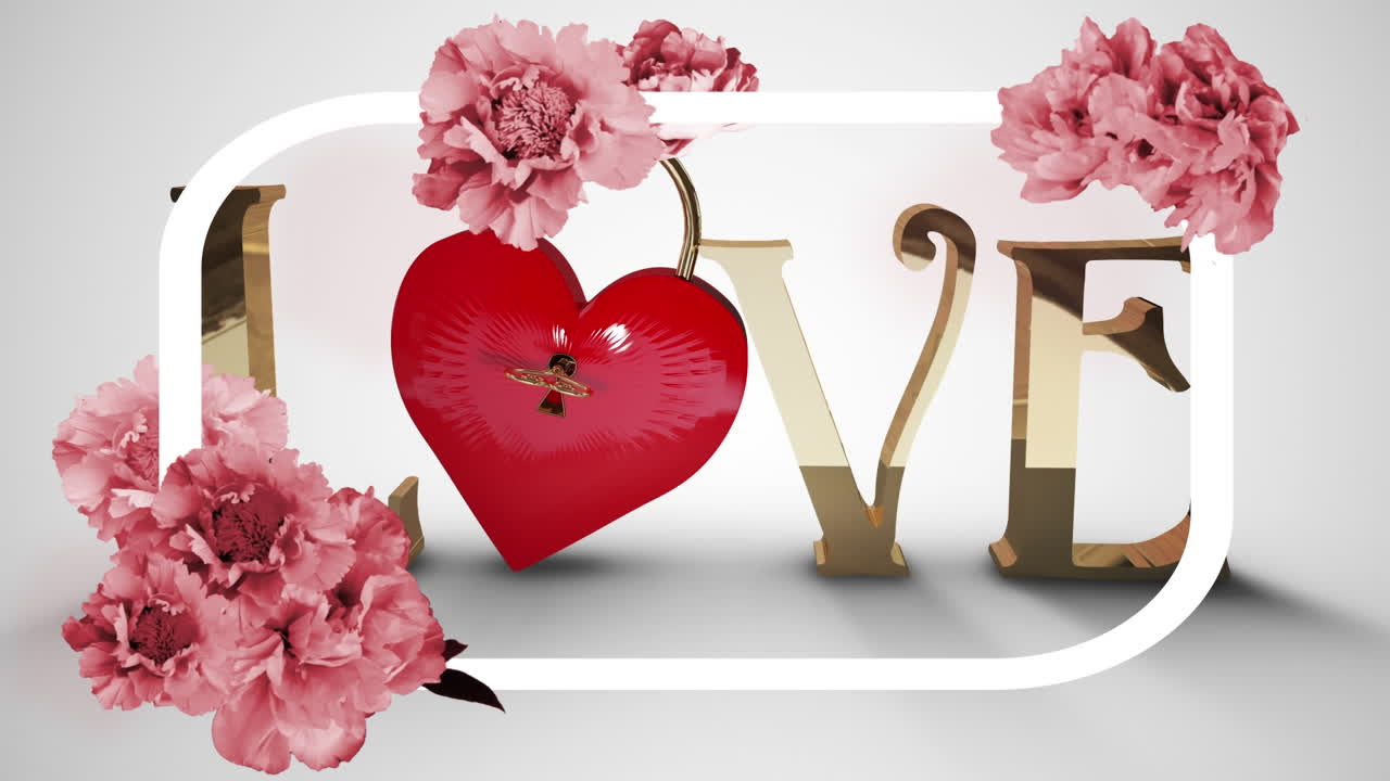 анимация цветов и рамки над сердечным замком с ключем на белом фоне