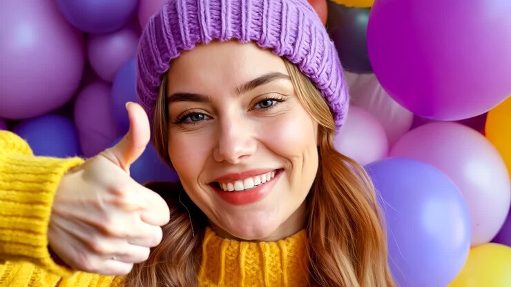 Una donna con un cappello viola che alza il pollice davanti a un mucchio di palloncini.