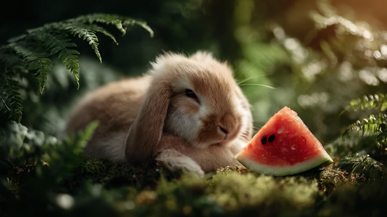 A Cute Bunny Relaxing Among Lush Greenery While Enjoying a Slice of Watermelon, Showcasing the Beauty of Nature and Playful Animal Moments