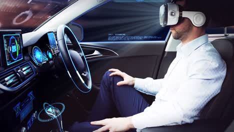 Animation-of-data-processing-over-businessman-wearing-vr-headset-in-self-driving-car