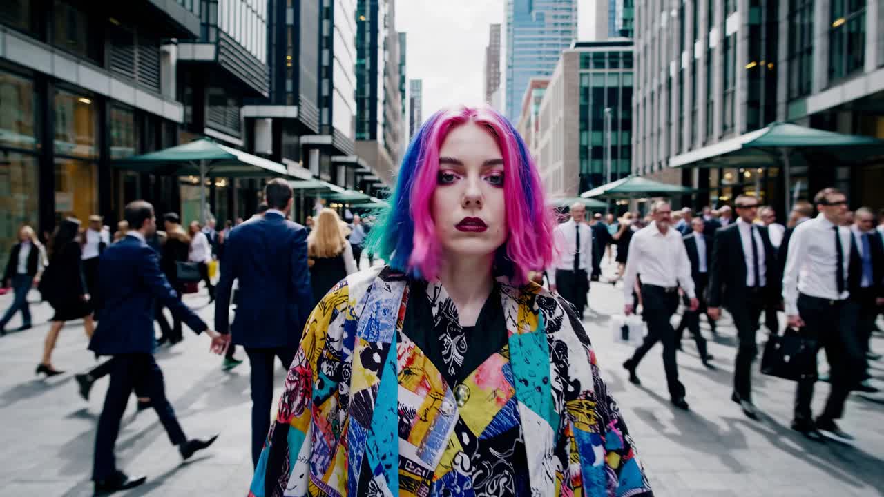 Una donna vivace, con i capelli colorati, si erge con sicurezza in una strada trafficata della città.
