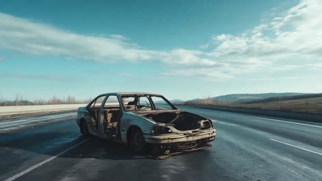 burnt car on highway