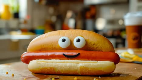 a hot dog with a smiley face on a bun on a table