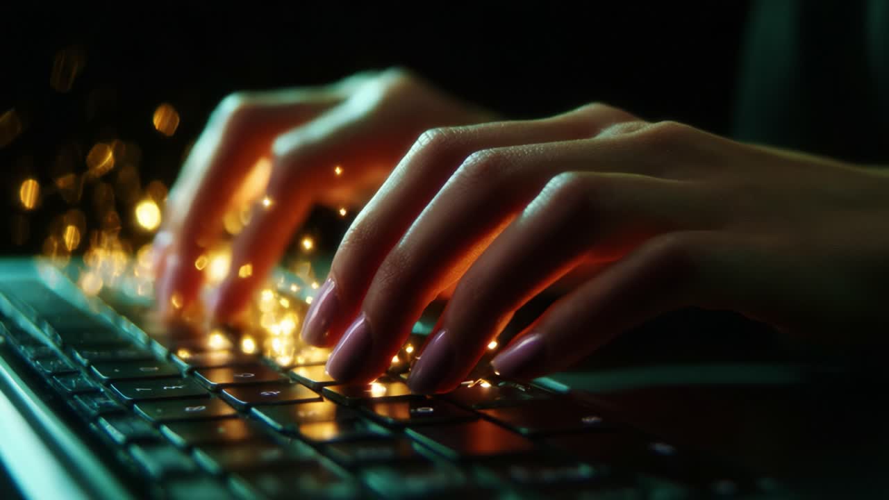 A close-up view of hands typing on a laptop keyboard, with magical sparkles emanating from the fingertips, creating an enchanting effect that embodies creativity, innovation, and digital interaction in a modern era