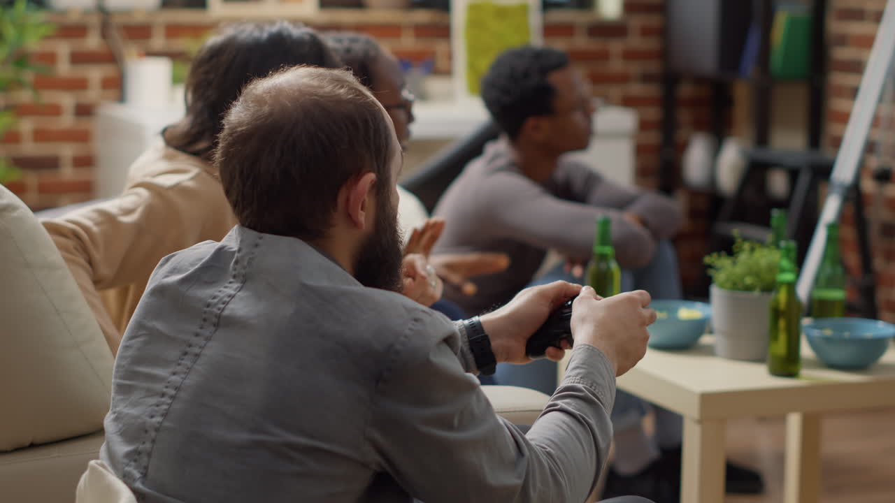 Modern friends enjoying online video games play on cyberspace