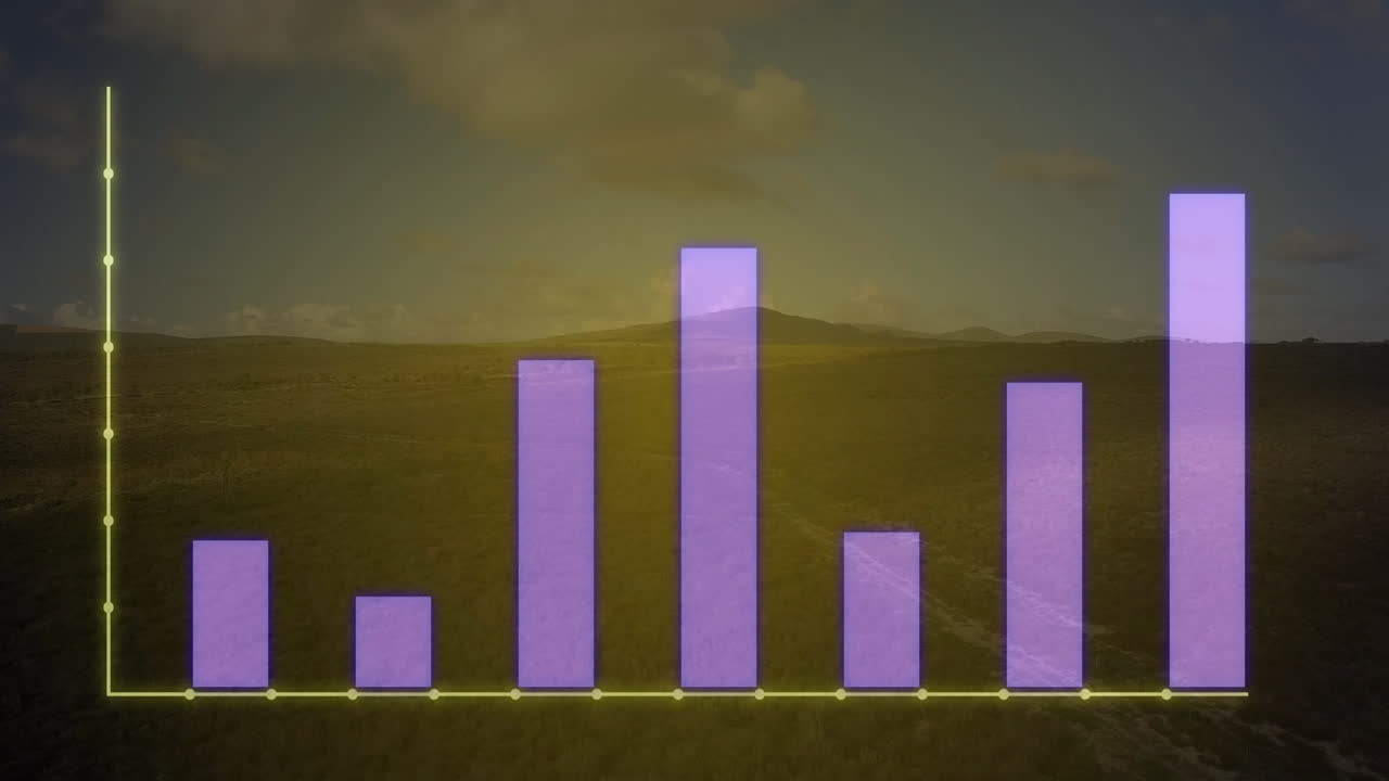 Bar graph animation over landscape with hills and cloudy sky