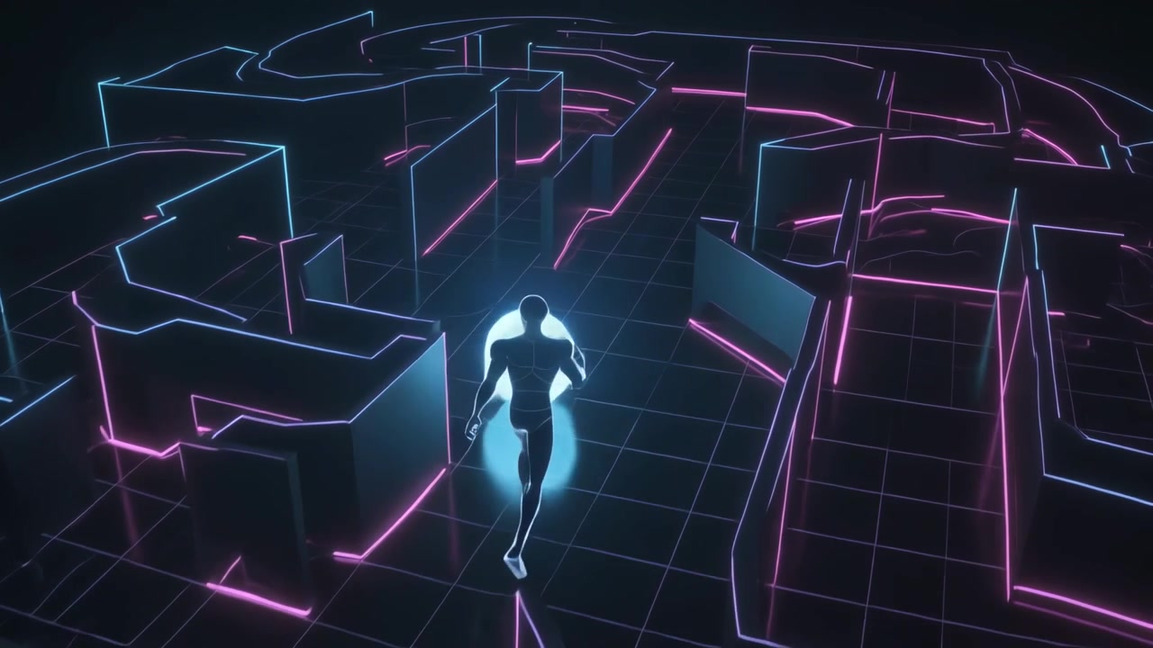Un corridore umanoide al neon che segue una sfera luminosa che entra in un corridoio, navigando in un labirinto e raggiungendo un punto di riferimento.