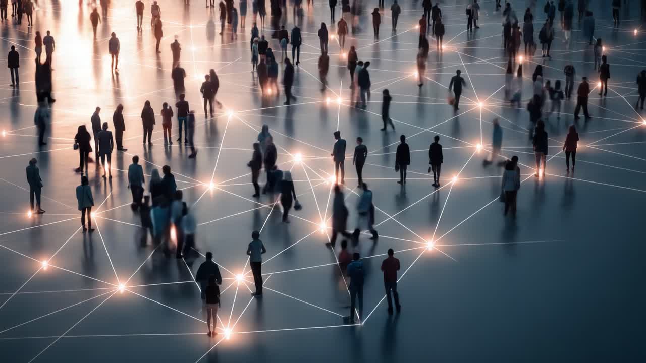 Aerial View of a Large Crowd Connected by Illuminated Lines on a Reflective Floor, Evoking Themes of Community, Interaction, and Connectivity in a Modern Urban Setting