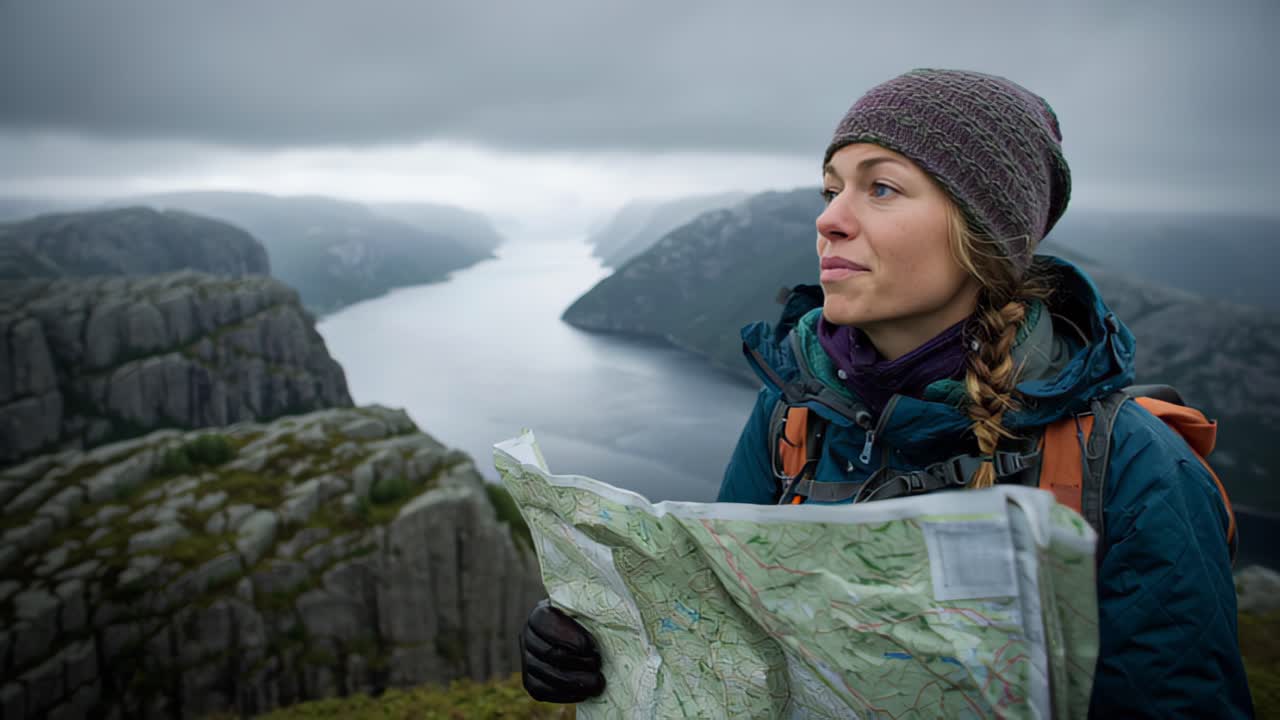 Filmaufnahme einer jungen Wanderin mit Rucksack, die auf einem felsigen Aussichtspunkt über einem Fjord eine Papierkarte hält und warme Outdoor-Kleidung bei bewölktem, nebligem Wetter trägt.