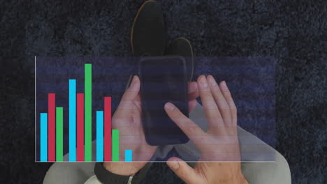 using smartphone, hands interacting with colorful bar graph animation on screen
