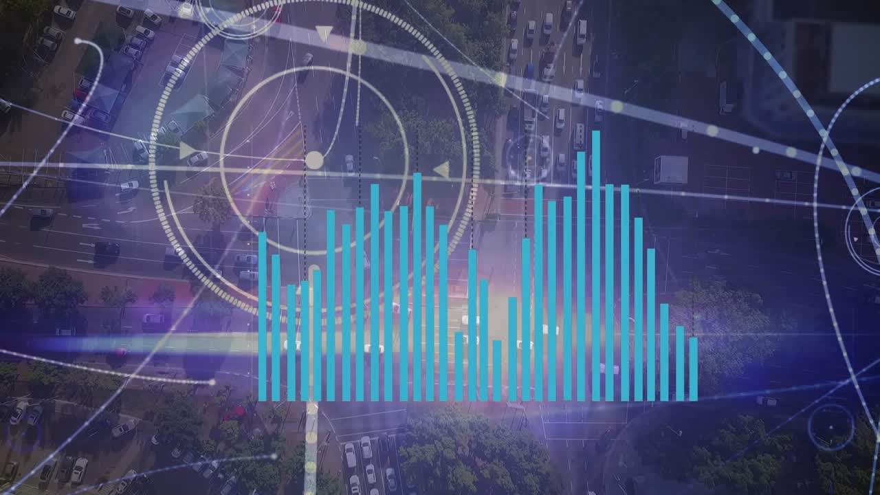 Animation of graphs over road traffic and cityscape