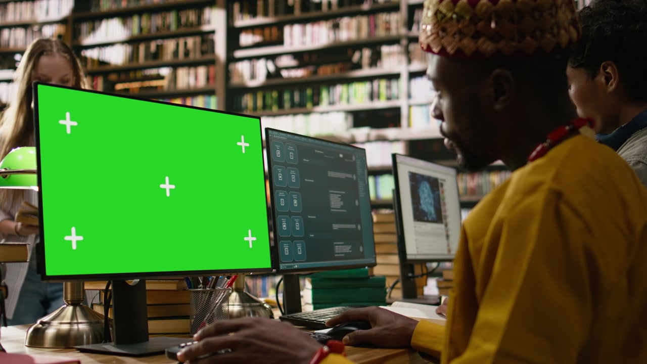 Green screen on desktop monitor near asian student typing at table