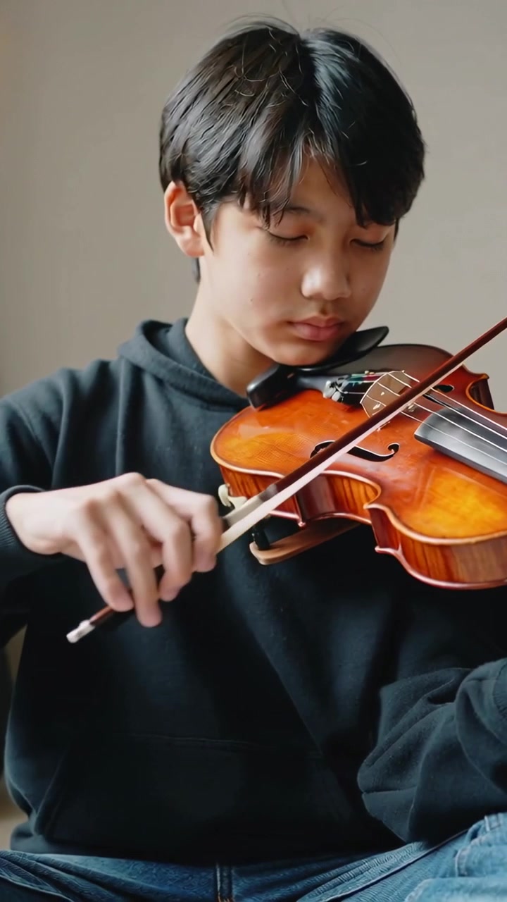 Video dọc: Thiếu niên chuẩn bị vĩ, kéo đàn violin và chơi nhạc tại nhà, mặc áo hoodie đen và quần jean
