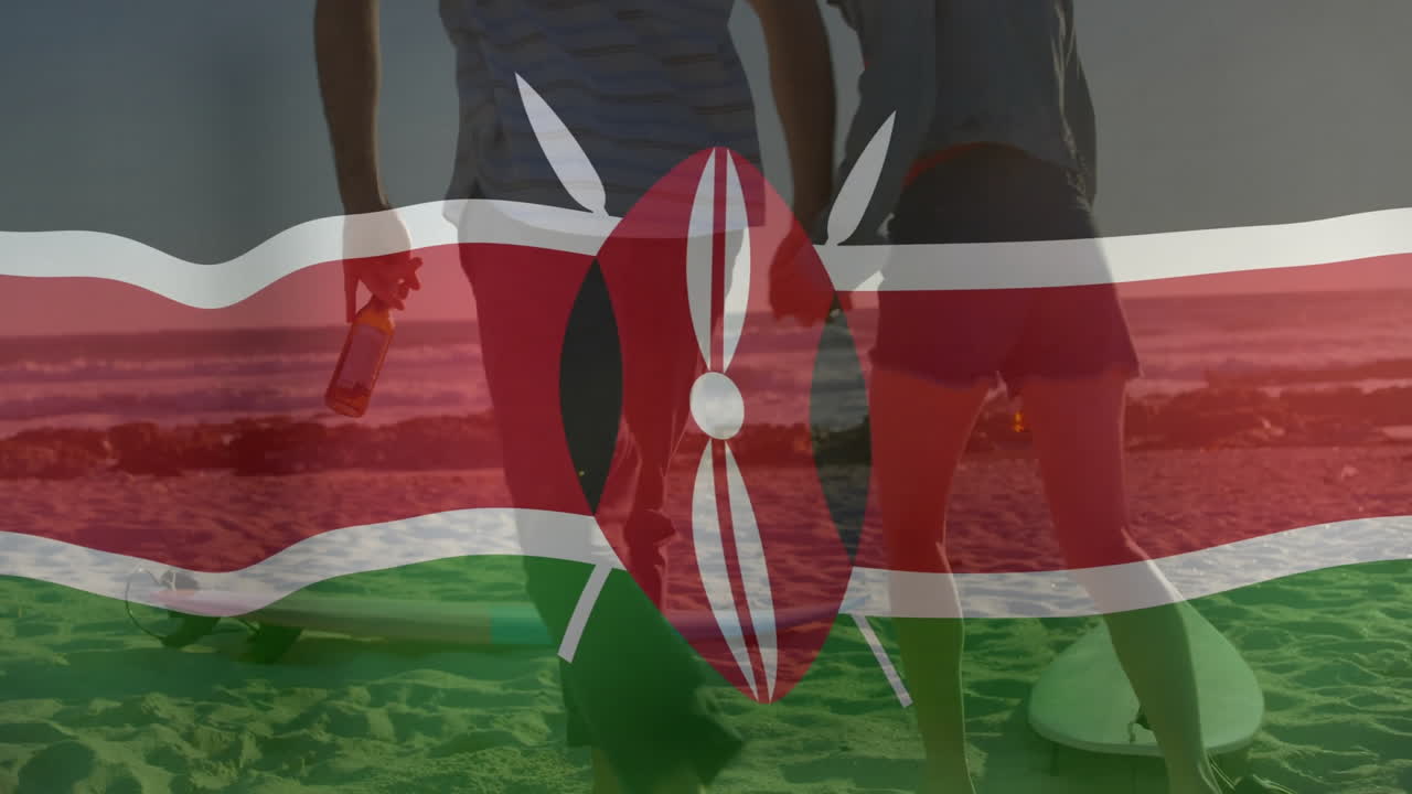 Walking with surfboards on sandy beach, people with Kenyan flag animation overlay