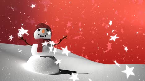 Snow-falling-and-snowman-on-red-background