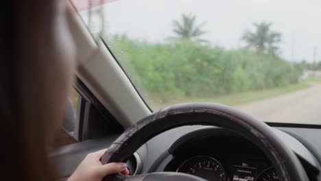 chica asiática conduciendo por una zona rural